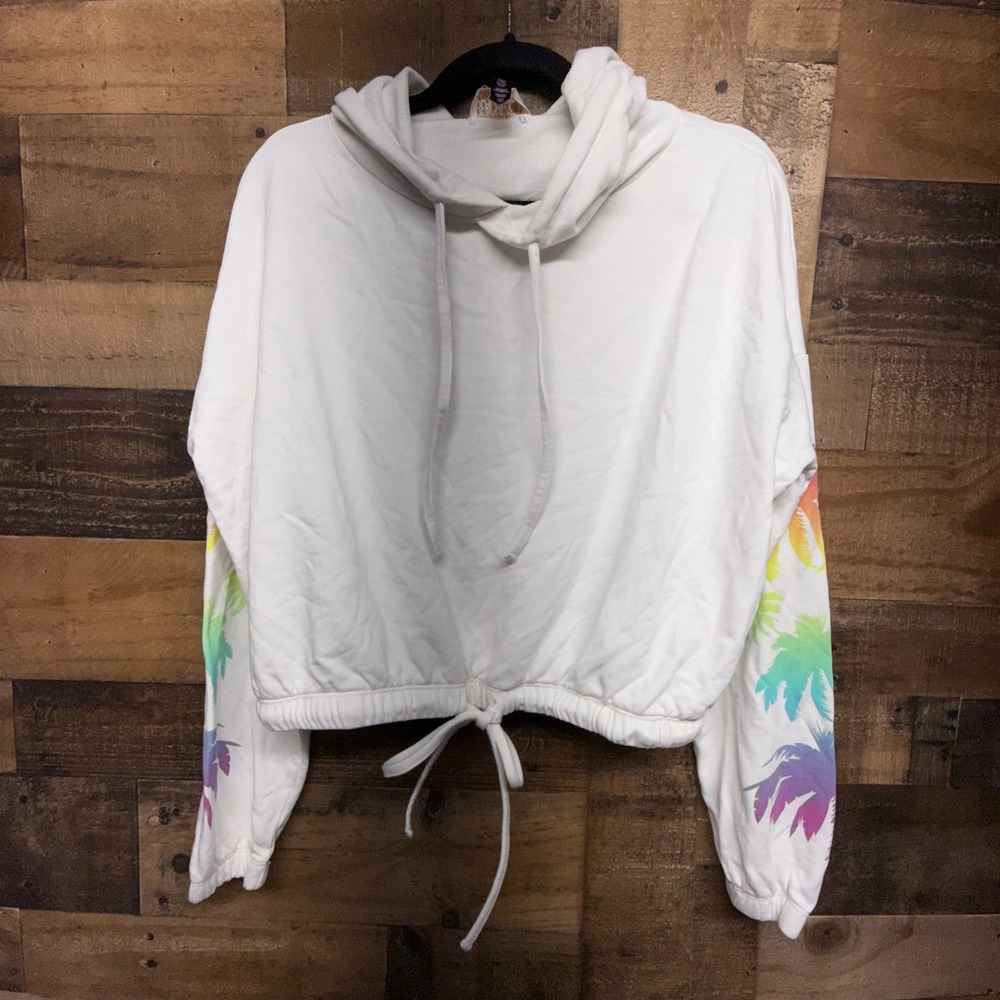 Beach Riot White‎ Palm Tree Cropped Hoodie Sweatshirt Drawstring M Medium